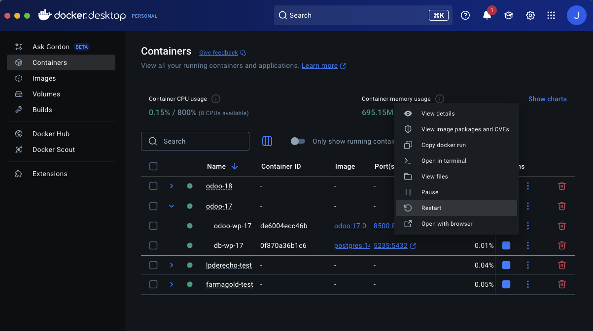 Vista de Docker Desktop para reiniciar
